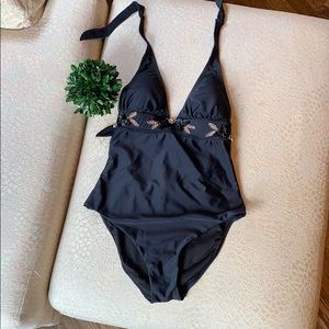 Black 1 piece open back bathing suit